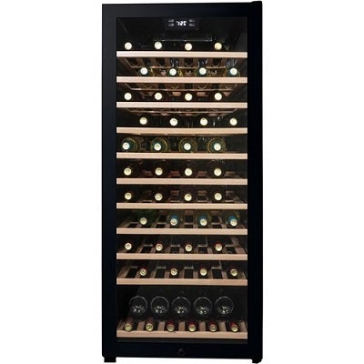 Danby 94 Bottle Wine Cooler, Side Mount Pocket Handle, Natural Beechwood Shelves - Black/Platinum DWC94L1B